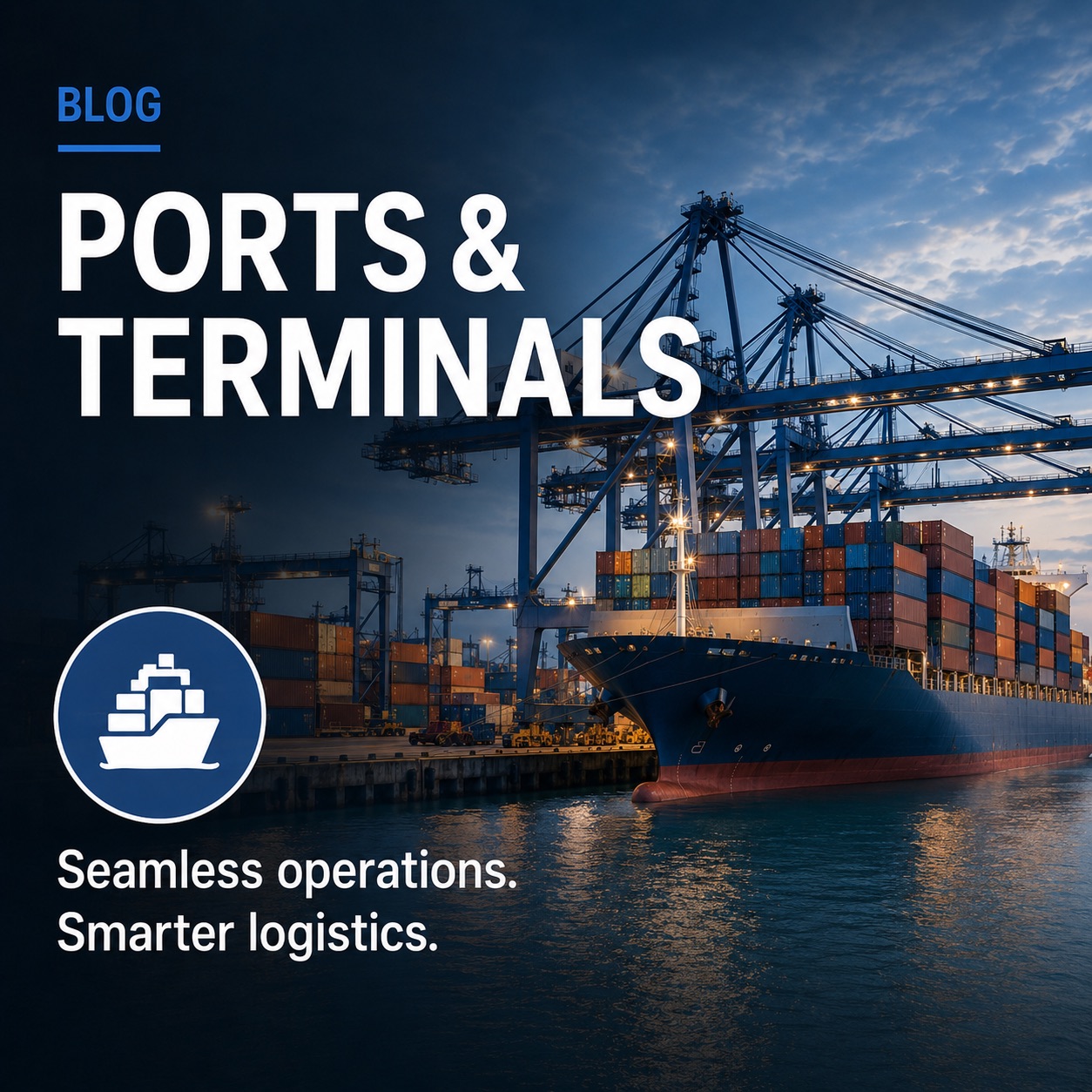 An STS crane at a port terminal with digital overlays showing sensor data and network connectivity for predictive mainte